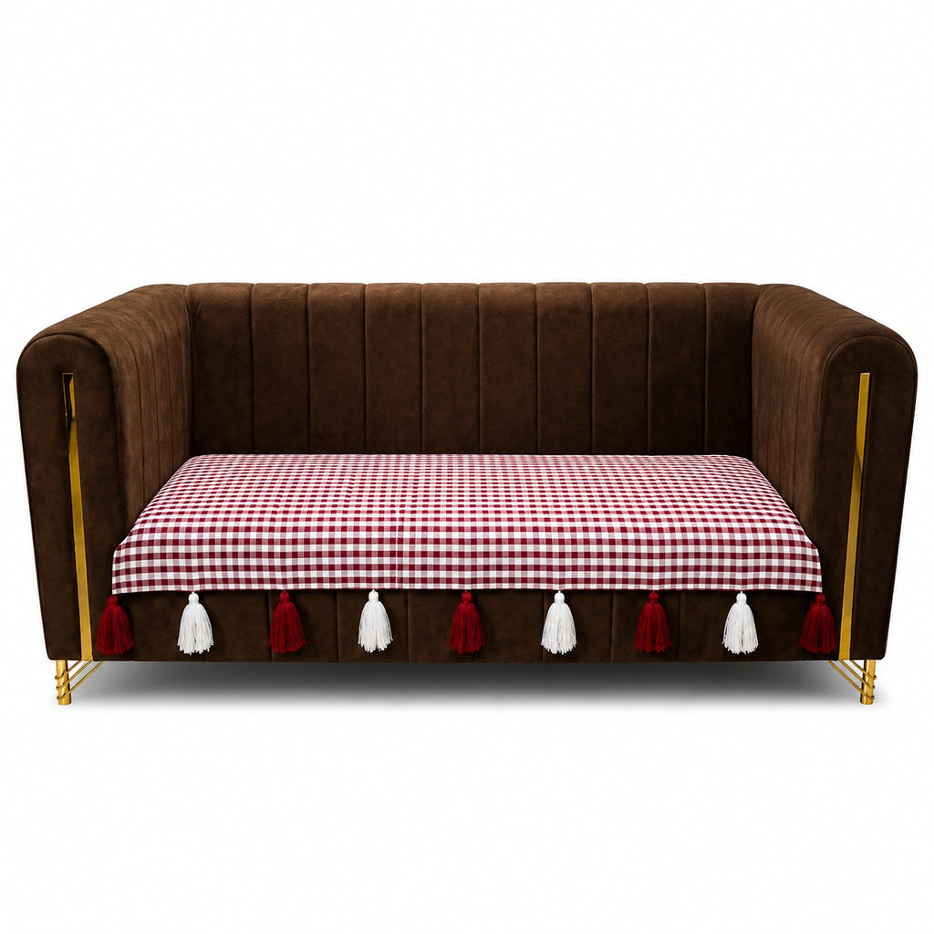 Premium Gingham Checkered Sofa Cushion Cover with Decorative Tassels – Non-Slip Cotton Blend Couch Protector Mat