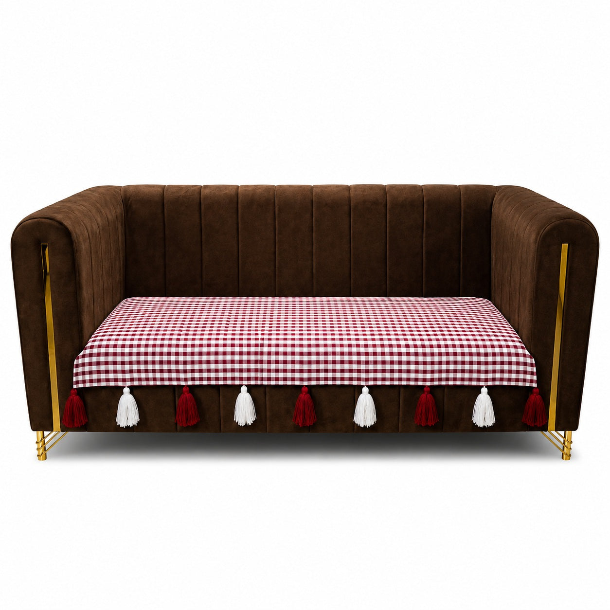 Premium Gingham Checkered Sofa Cushion Cover with Decorative Tassels – Non-Slip Cotton Blend Couch Protector Mat