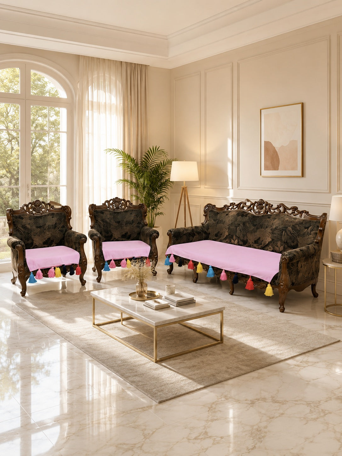Aesthetic Pastel Pink 5-Seater Sofa Seat Cover Set – Smooth, Gentle on Skin Fabric Protector with Colorful Fringe Accents