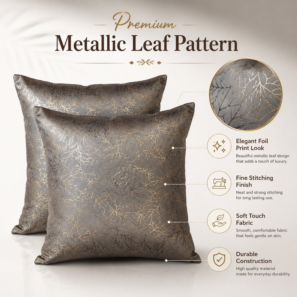 Premium Metallic Leaf Pattern Cushion Covers – 40x40 cm (Pack of 2)