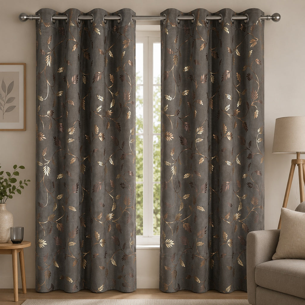 Premium Metallic Foil Leaf Print Curtains – Charcoal Grey Light Filtering Drapes (pack of 2)