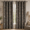 Premium Metallic Foil Leaf Print Curtains – Charcoal Grey Light Filtering Drapes (pack of 2)