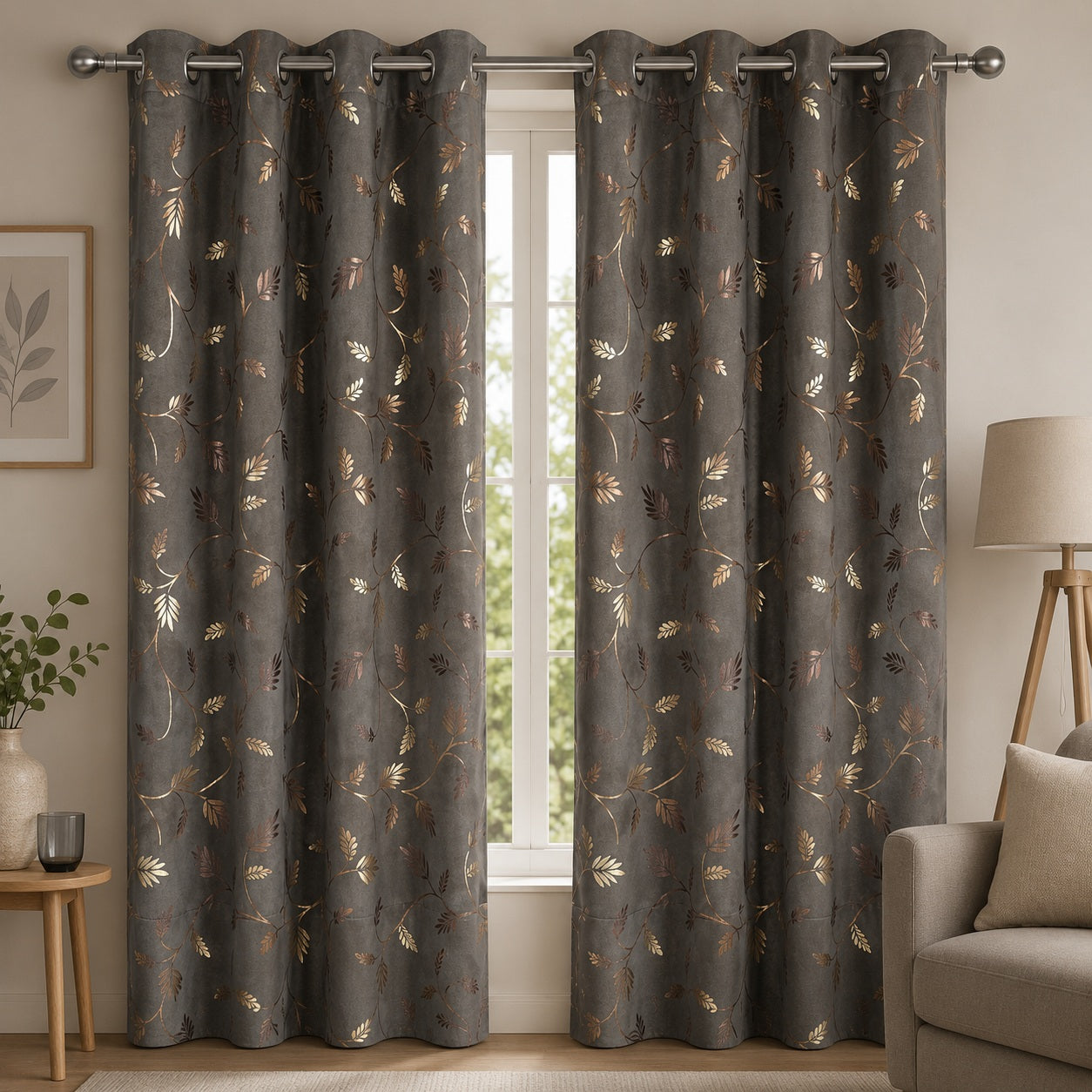 Premium Metallic Foil Leaf Print Curtains – Charcoal Grey Light Filtering Drapes (pack of 2)