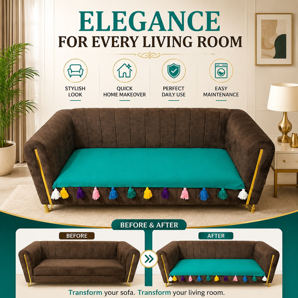 Premium Cotton 3-Seater Sofa Cover with Colorful Tassel Trim – Breathable & Durable Couch Protector