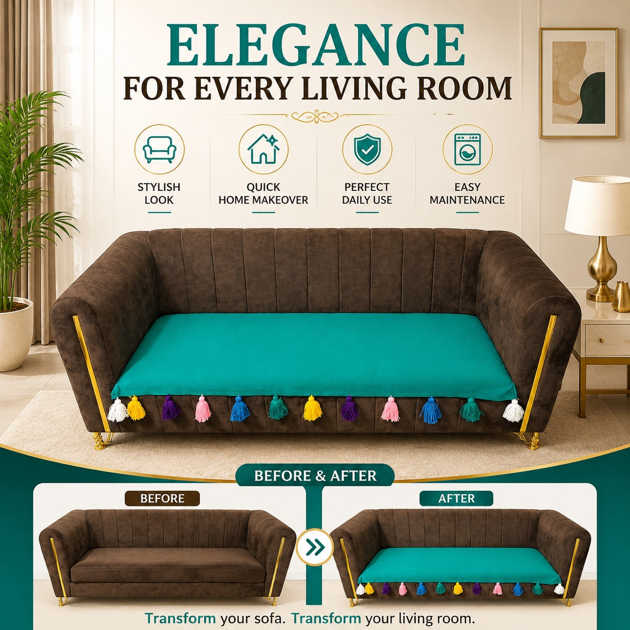 Premium Cotton 3-Seater Sofa Cover with Colorful Tassel Trim – Breathable & Durable Couch Protector