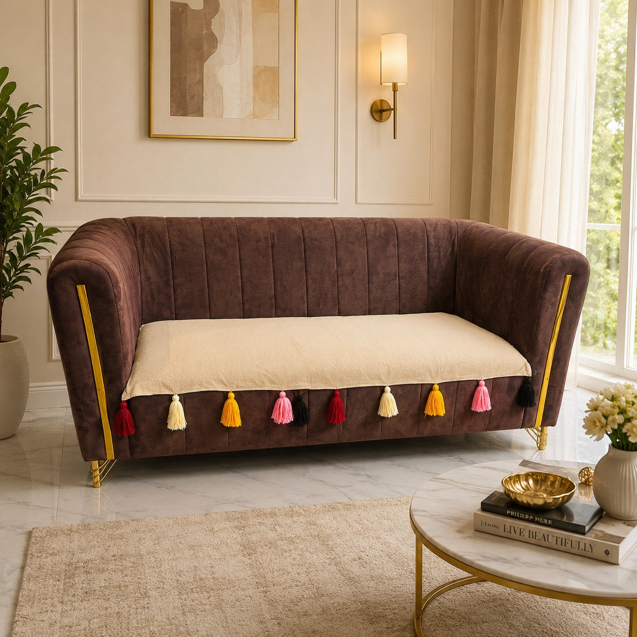 Premium Boho Sofa Seat Cushion Cover with Colorful Tassels – Non-Slip Chic Couch Protector Mat