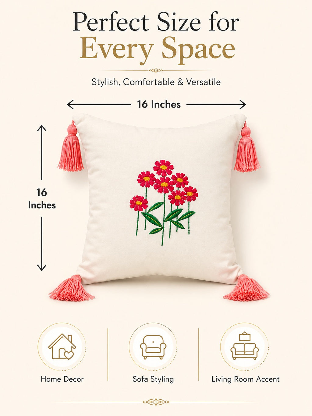 Embroidered Floral Cushion Covers with Tassels (16x16 Inches) | Pack of 3 Cream & Coral Decorative Pillow Cases