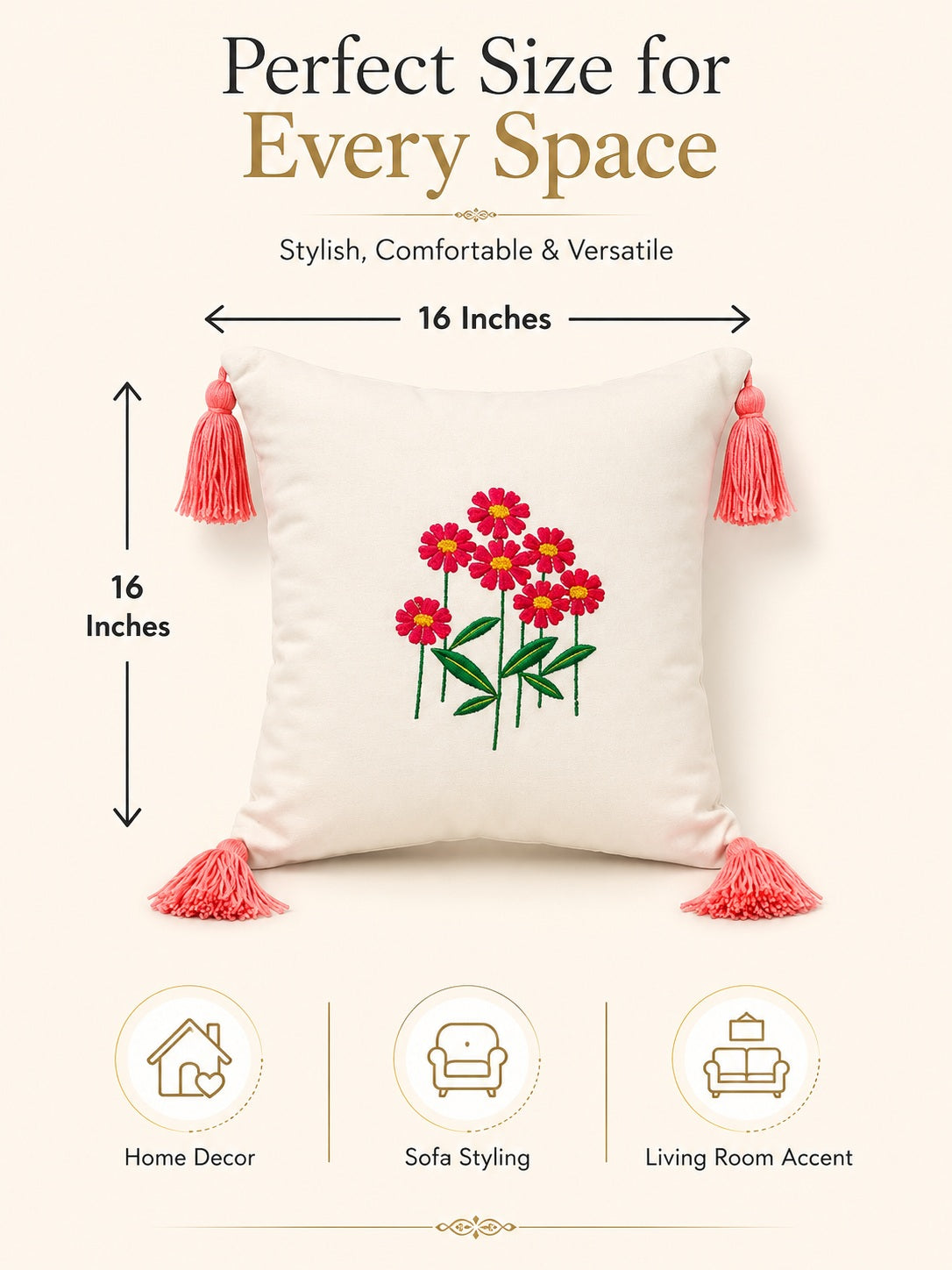 Embroidered Floral Cushion Covers with Tassels (16x16 Inches) | Pack of 3 Cream & Coral Decorative Pillow Cases