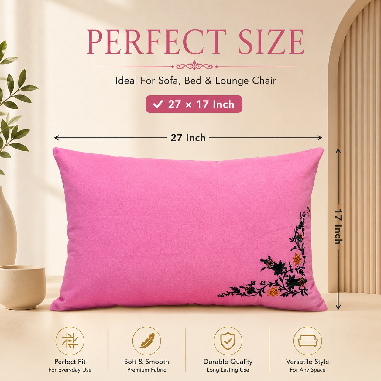 Luxury Floral Embroidered Silk pillow Covers – 27 \times 17 Inch Rectangular Pillowcases (Pack of 2, Vibrant Pink)