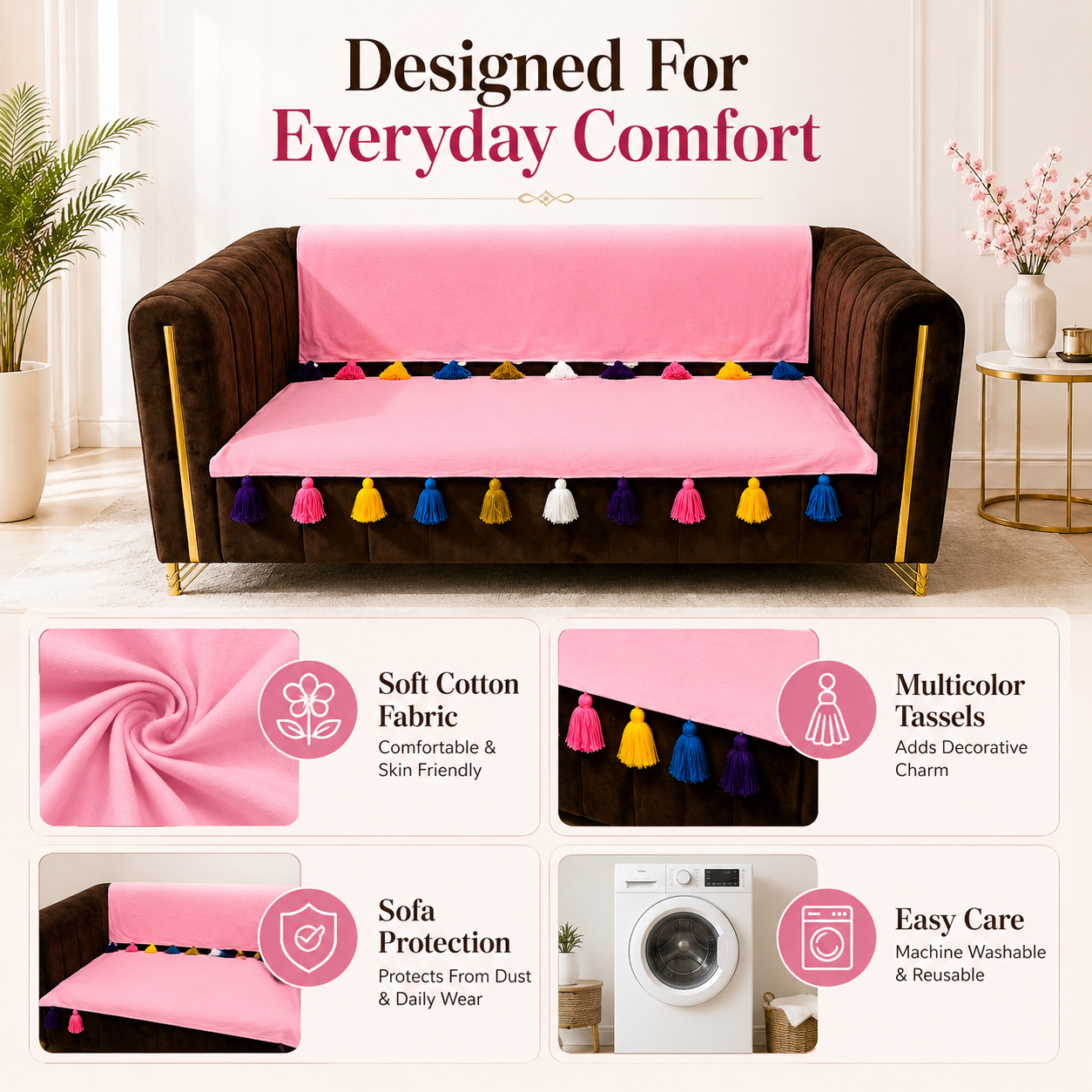 Premium Pink 3-Seater Sofa Cover Set with Multicolor Boho Tassels – Soft Cotton Anti-Slip Furniture Shield
