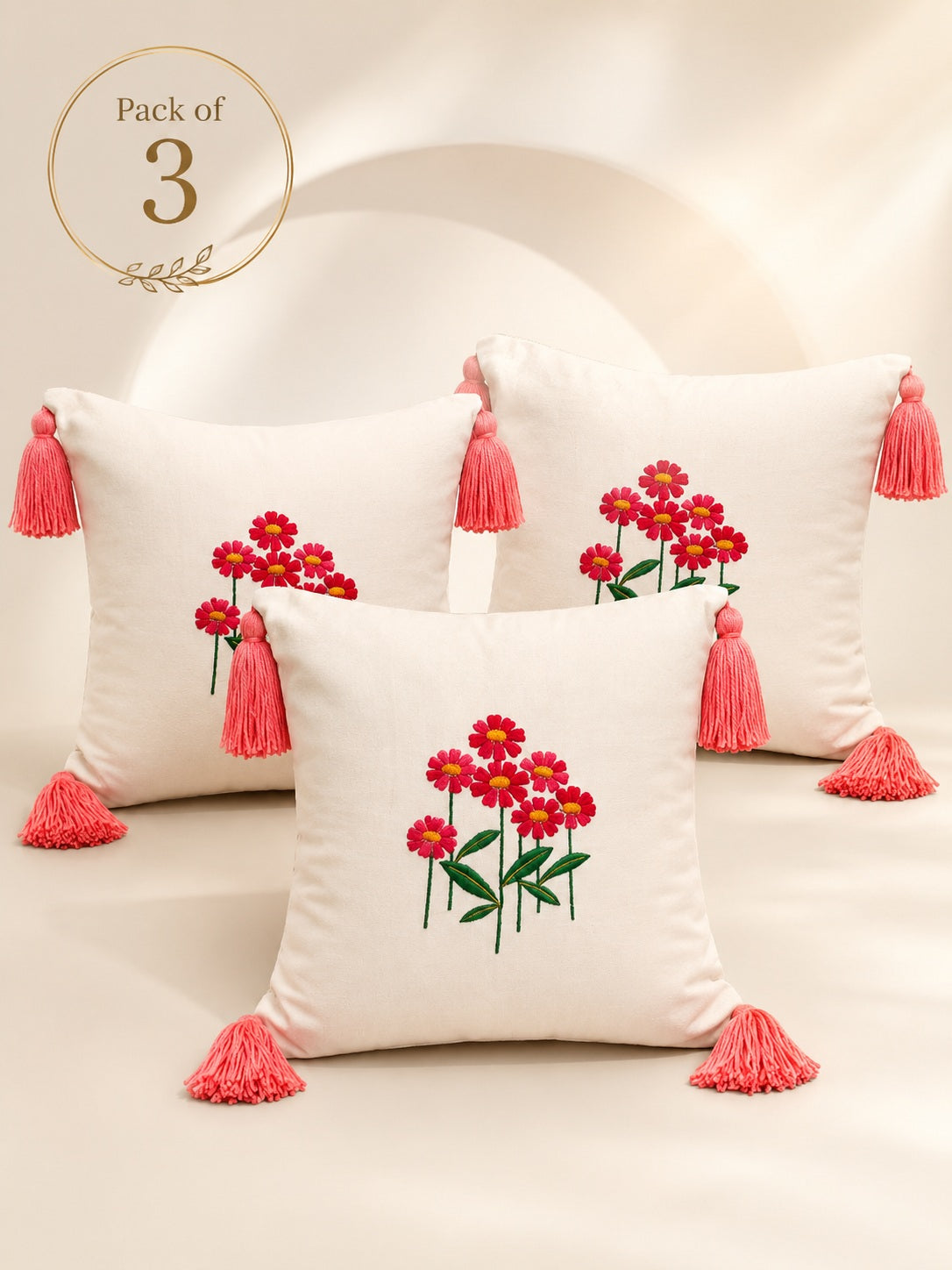 Embroidered Floral Cushion Covers with Tassels (16x16 Inches) | Pack of 3 Cream & Coral Decorative Pillow Cases