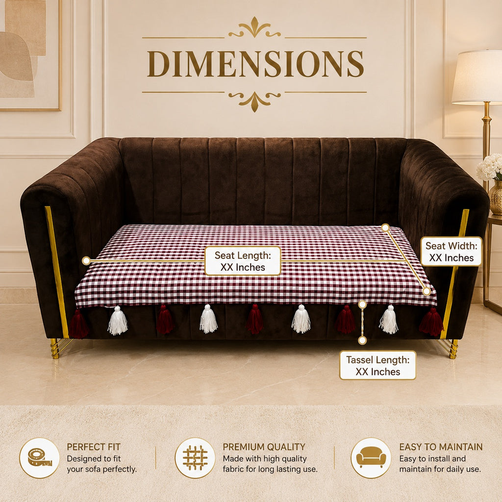 Premium Gingham Checkered Sofa Cushion Cover with Decorative Tassels – Non-Slip Cotton Blend Couch Protector Mat