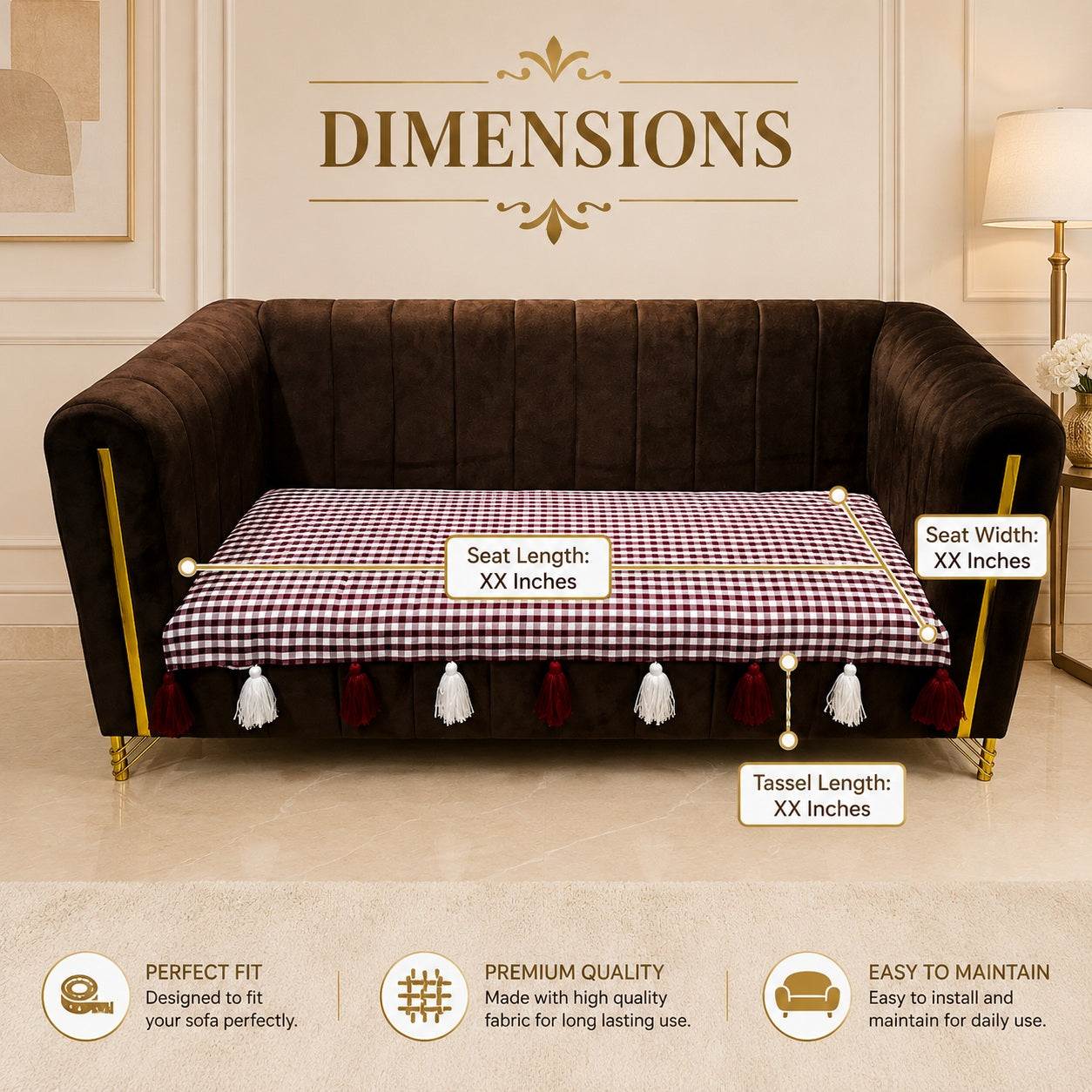 Premium Gingham Checkered Sofa Cushion Cover with Decorative Tassels – Non-Slip Cotton Blend Couch Protector Mat