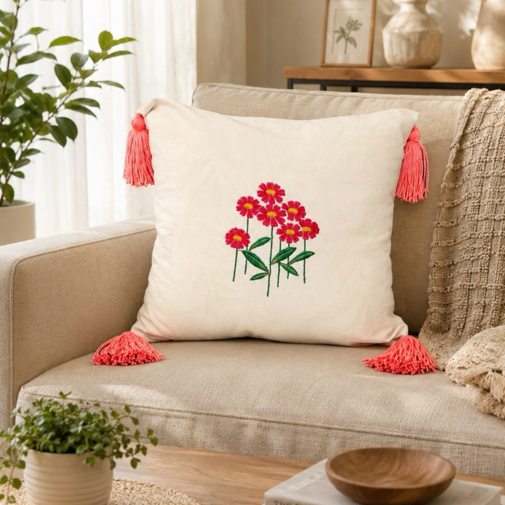Embroidered Floral Cushion Covers with Tassels (16x16 Inches) | Pack of 3 Cream & Coral Decorative Pillow Cases