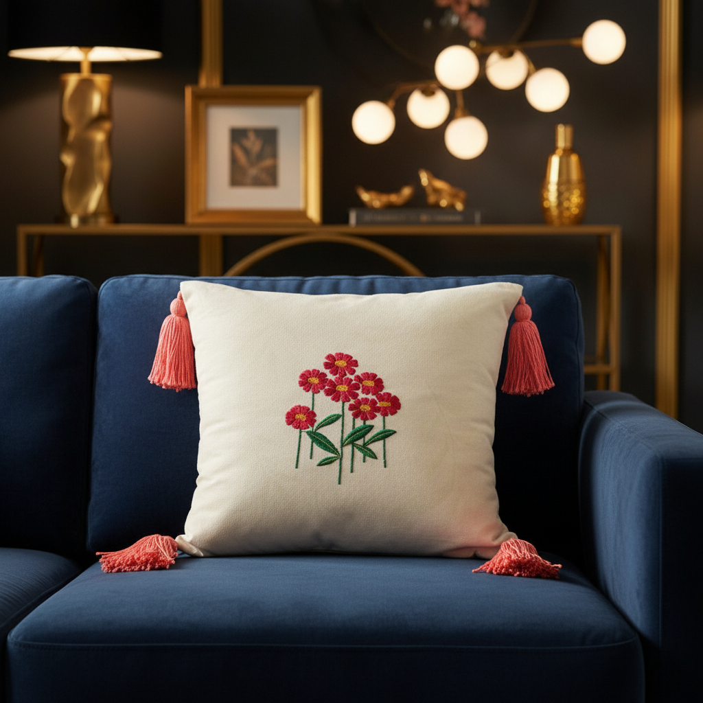 Embroidered Floral Cushion Covers with Tassels (16x16 Inches) | Pack of 3 Cream & Coral Decorative Pillow Cases