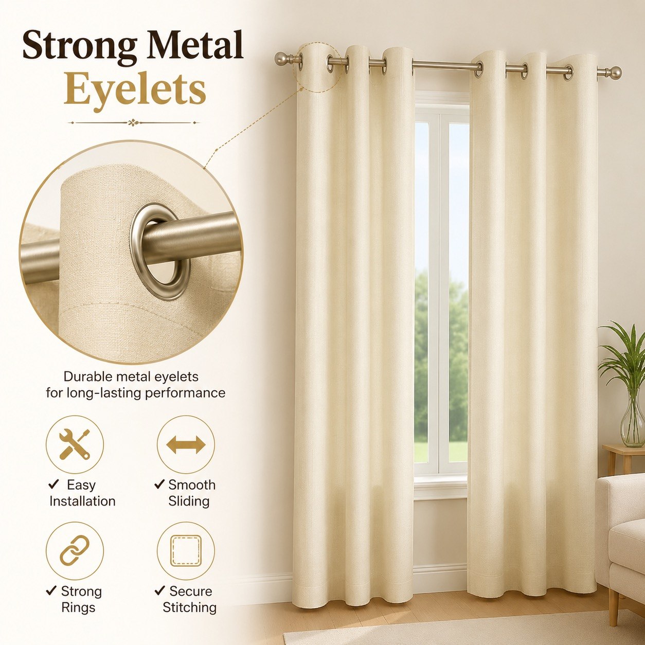 Premium Woven Eyelet Curtains – Cream/Beige