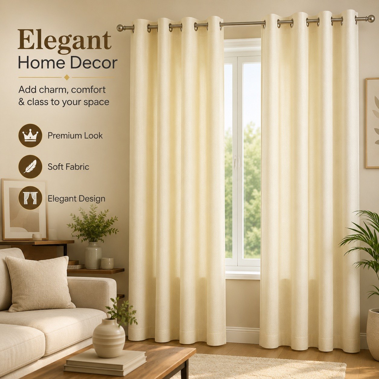 Premium Woven Eyelet Curtains – Cream/Beige