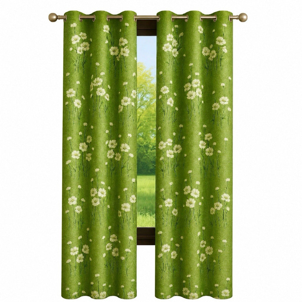 Green Floral Curtains Set of 2, Premium Polyester Daisy Flower Window Drapes for Living Room, Bedroom, Light Filtering Eyelet Grommet Curtain