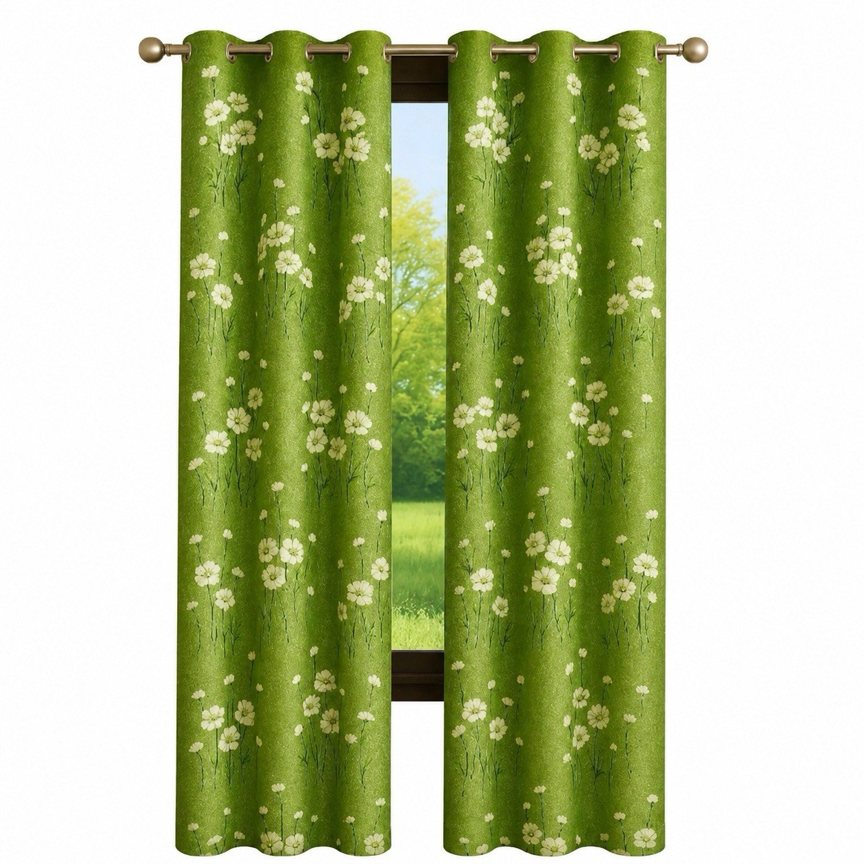 Green Floral Curtains Set of 2, Premium Polyester Daisy Flower Window Drapes for Living Room, Bedroom, Light Filtering Eyelet Grommet Curtain