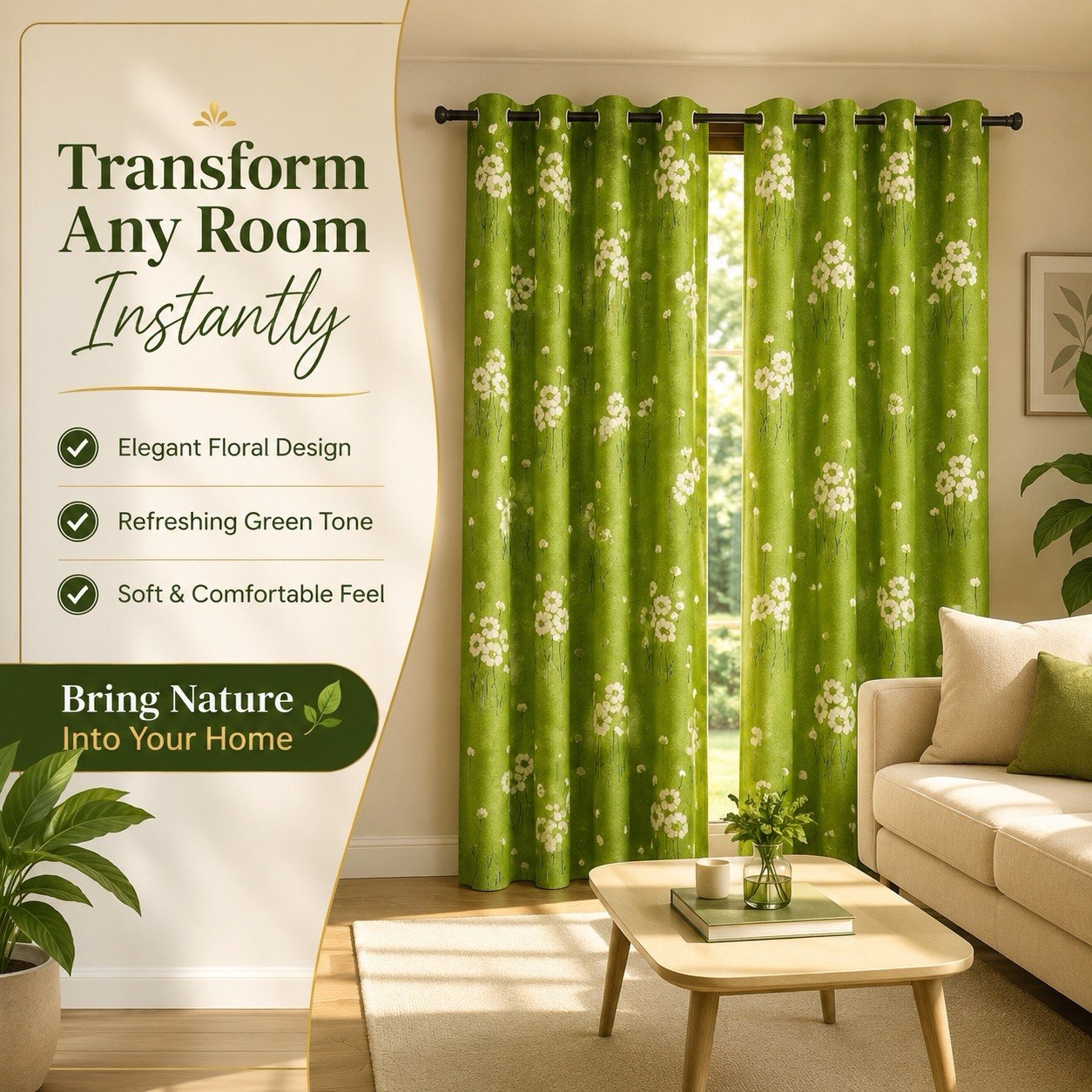 Green Floral Curtains Set of 2, Premium Polyester Daisy Flower Window Drapes for Living Room, Bedroom, Light Filtering Eyelet Grommet Curtain