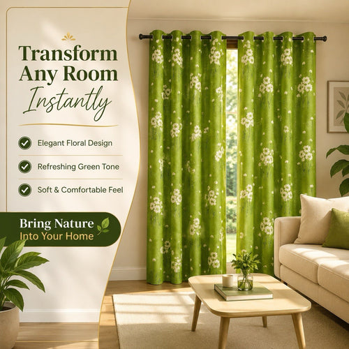Green Floral Daisy Eyelet Curtains – Light Filtering Botanical Drapes for Living Room & Bedroom | Set of 2