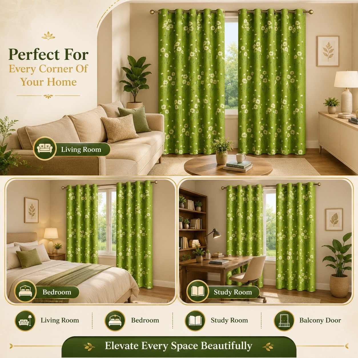 Green Floral Curtains Set of 2, Premium Polyester Daisy Flower Window Drapes for Living Room, Bedroom, Light Filtering Eyelet Grommet Curtain