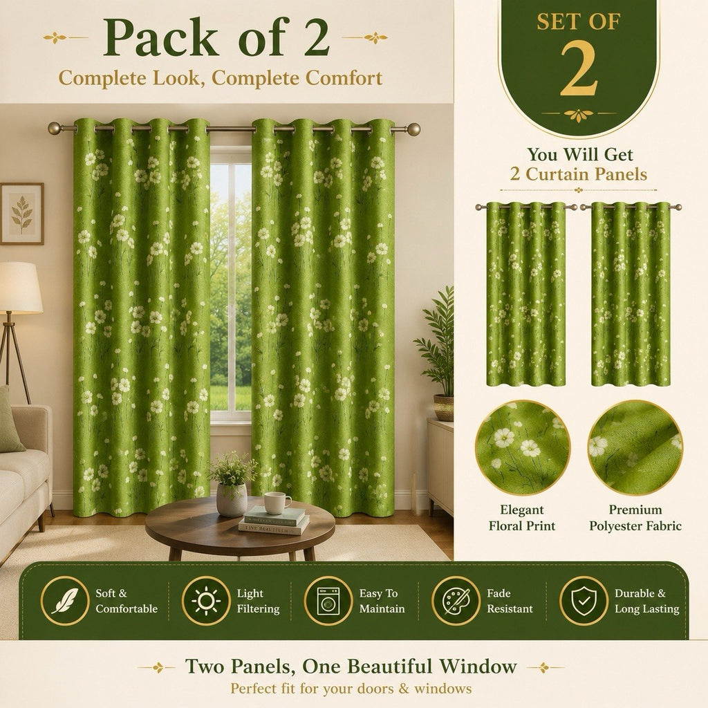Green Floral Curtains Set of 2, Premium Polyester Daisy Flower Window Drapes for Living Room, Bedroom, Light Filtering Eyelet Grommet Curtain