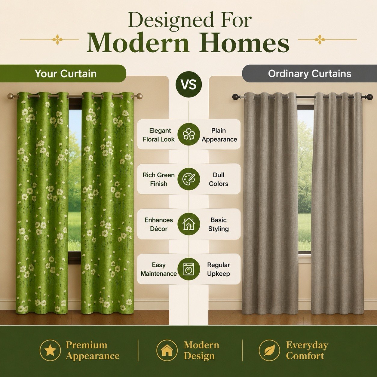 Green Floral Curtains Set of 2, Premium Polyester Daisy Flower Window Drapes for Living Room, Bedroom, Light Filtering Eyelet Grommet Curtain
