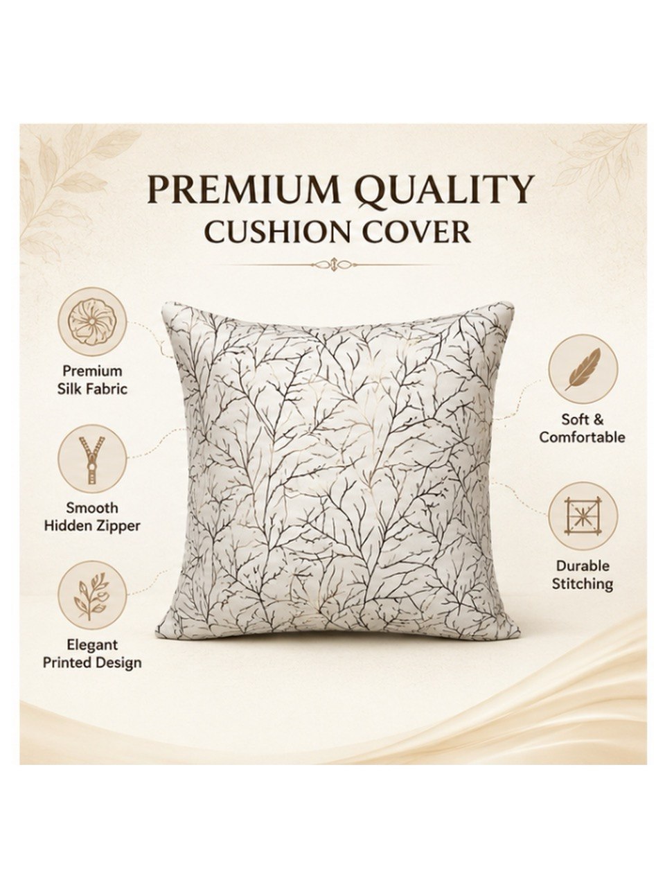 Luxury Silk Cushion Covers – Elegant Printed Tree Branch Design, Soft Decorative Throw Pillow Cases for Living Room & Sofa
