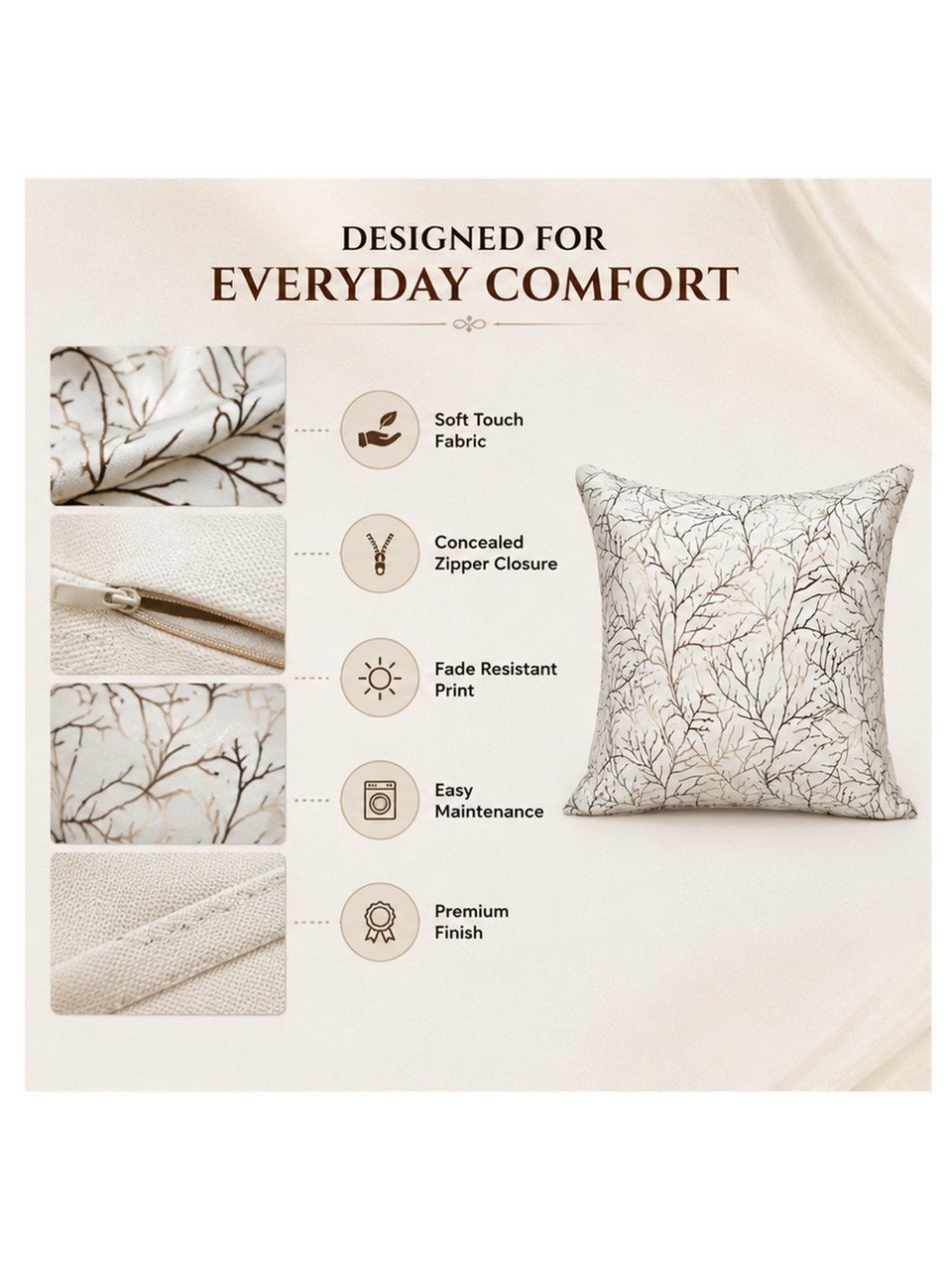Luxury Silk Cushion Covers – Elegant Printed Tree Branch Design, Soft Decorative Throw Pillow Cases for Living Room & Sofa