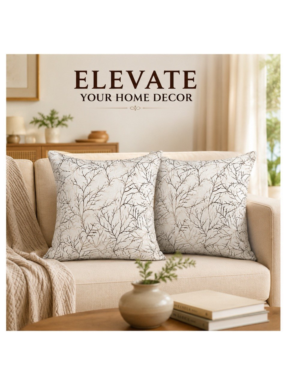 Luxury Silk Cushion Covers – Elegant Printed Tree Branch Design, Soft Decorative Throw Pillow Cases for Living Room & Sofa