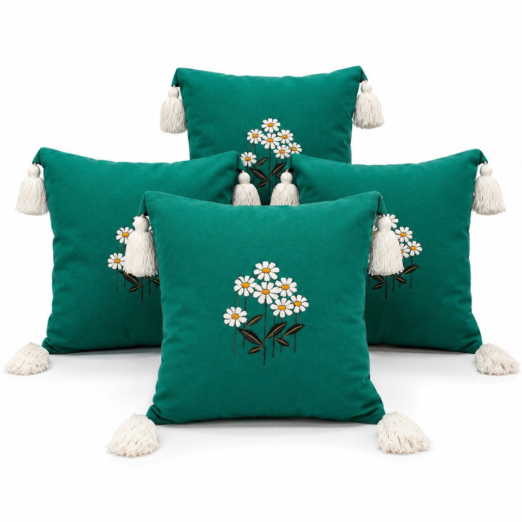 Premium Daisy Embroidered Cushion Cover Set - 16x16 Inch Luxury Teal Pillow Covers with Tassels for Sofa, Living Room & Bedroom Décor (Set of 4)
