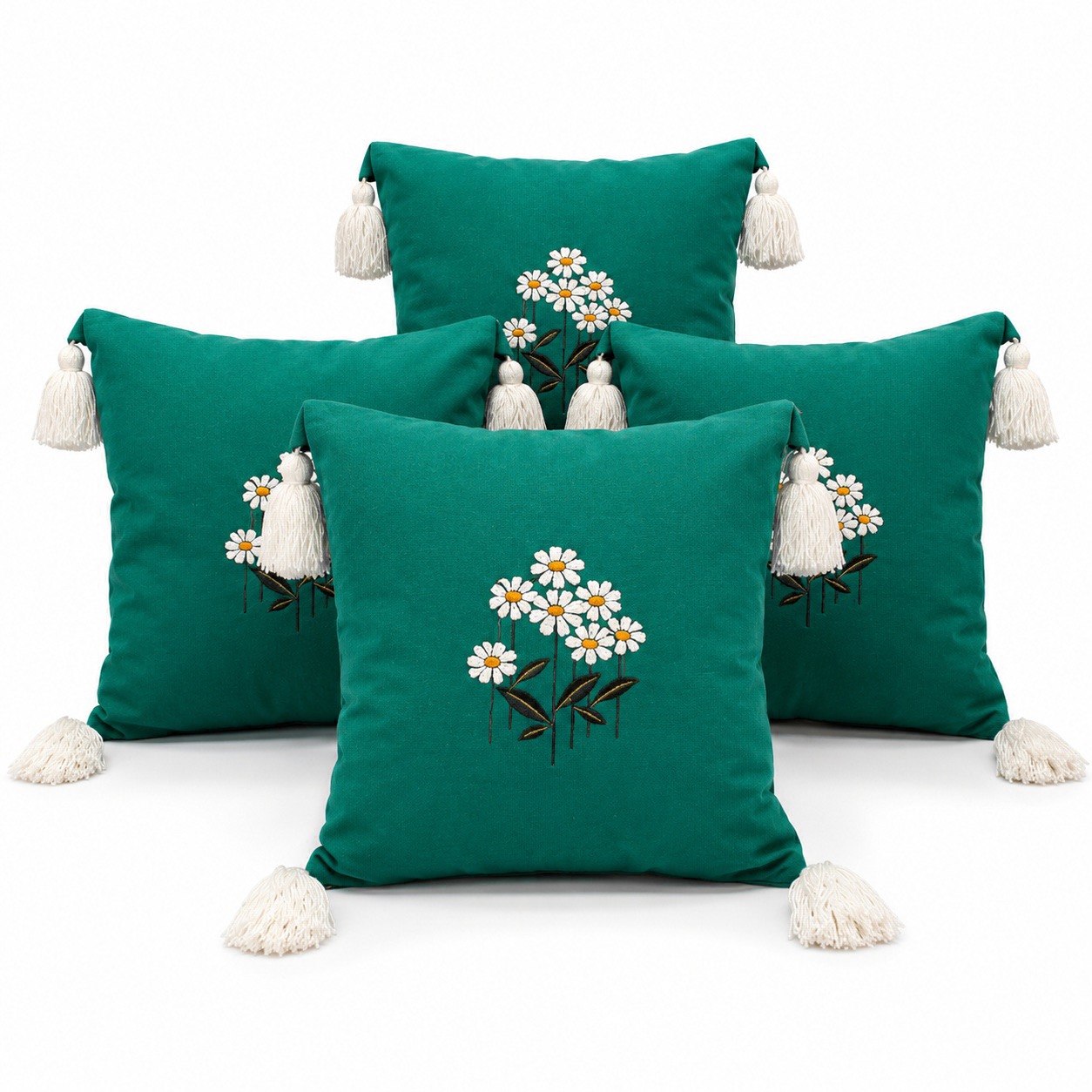 Premium Daisy Embroidered Cushion Cover Set - 16x16 Inch Luxury Teal Pillow Covers with Tassels for Sofa, Living Room & Bedroom Décor (Set of 4)