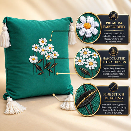 Daisy Embroidered Cushion Covers with Tassels – Luxury Teal Set of 4 | 16x16 Inch Decorative Pillow Cases