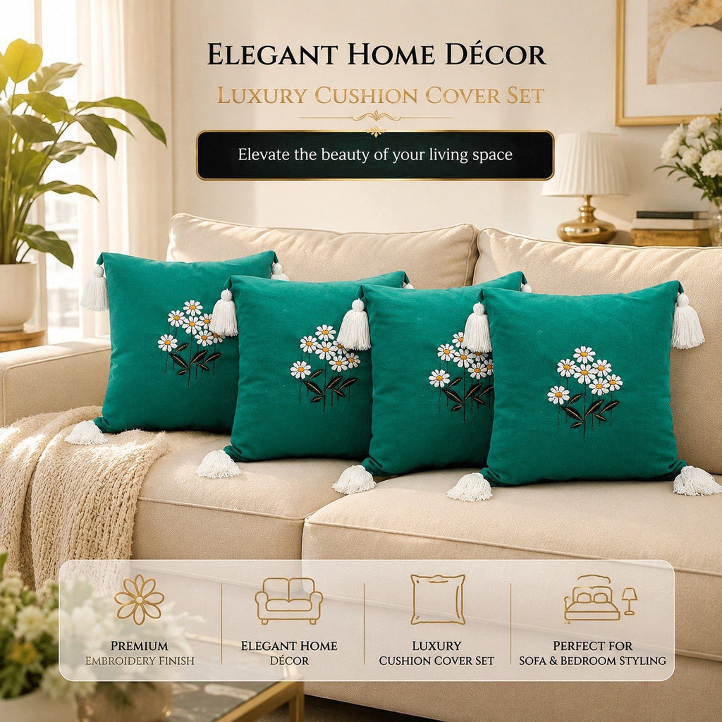 Premium Daisy Embroidered Cushion Cover Set - 16x16 Inch Luxury Teal Pillow Covers with Tassels for Sofa, Living Room & Bedroom Décor (Set of 4)