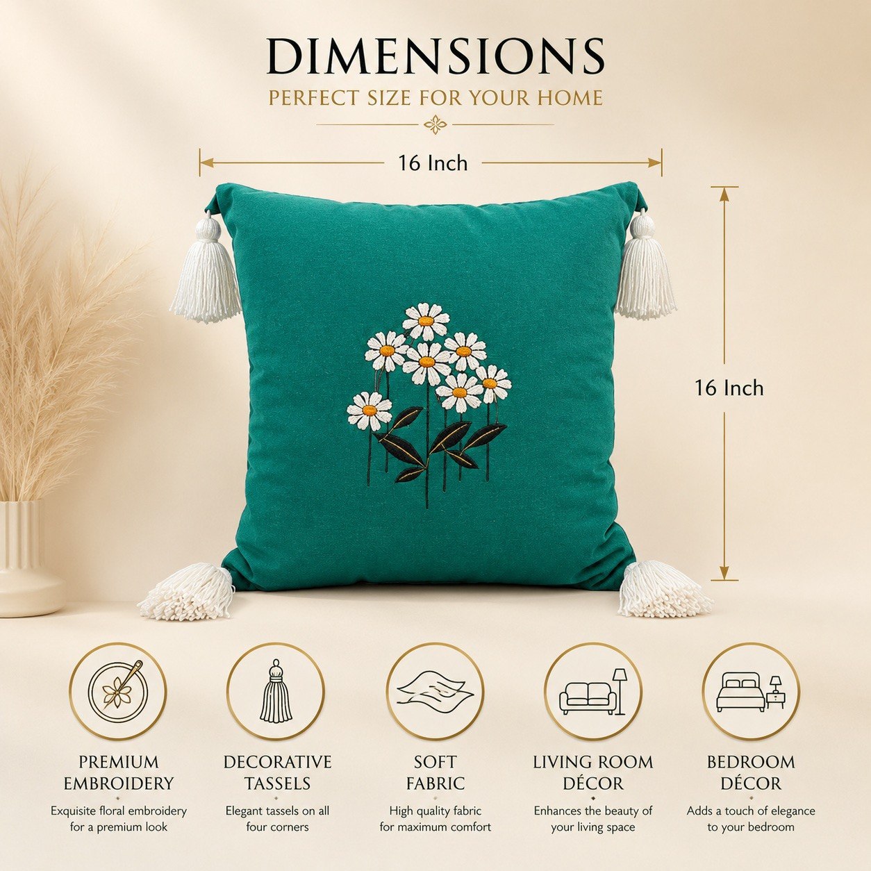 Premium Daisy Embroidered Cushion Cover Set - 16x16 Inch Luxury Teal Pillow Covers with Tassels for Sofa, Living Room & Bedroom Décor (Set of 4)