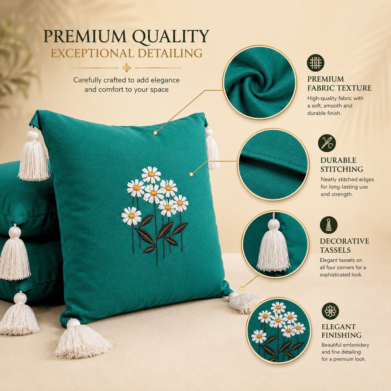 Premium Daisy Embroidered Cushion Cover Set - 16x16 Inch Luxury Teal Pillow Covers with Tassels for Sofa, Living Room & Bedroom Décor (Set of 4)