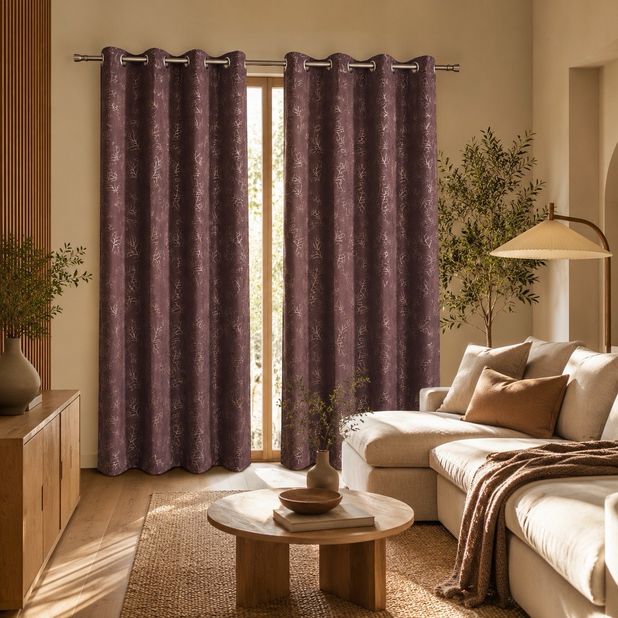 Luxe Metallic Branch Pattern Polyester Eyelet Curtains – Wine, Slate Grey & Pristine Ivory