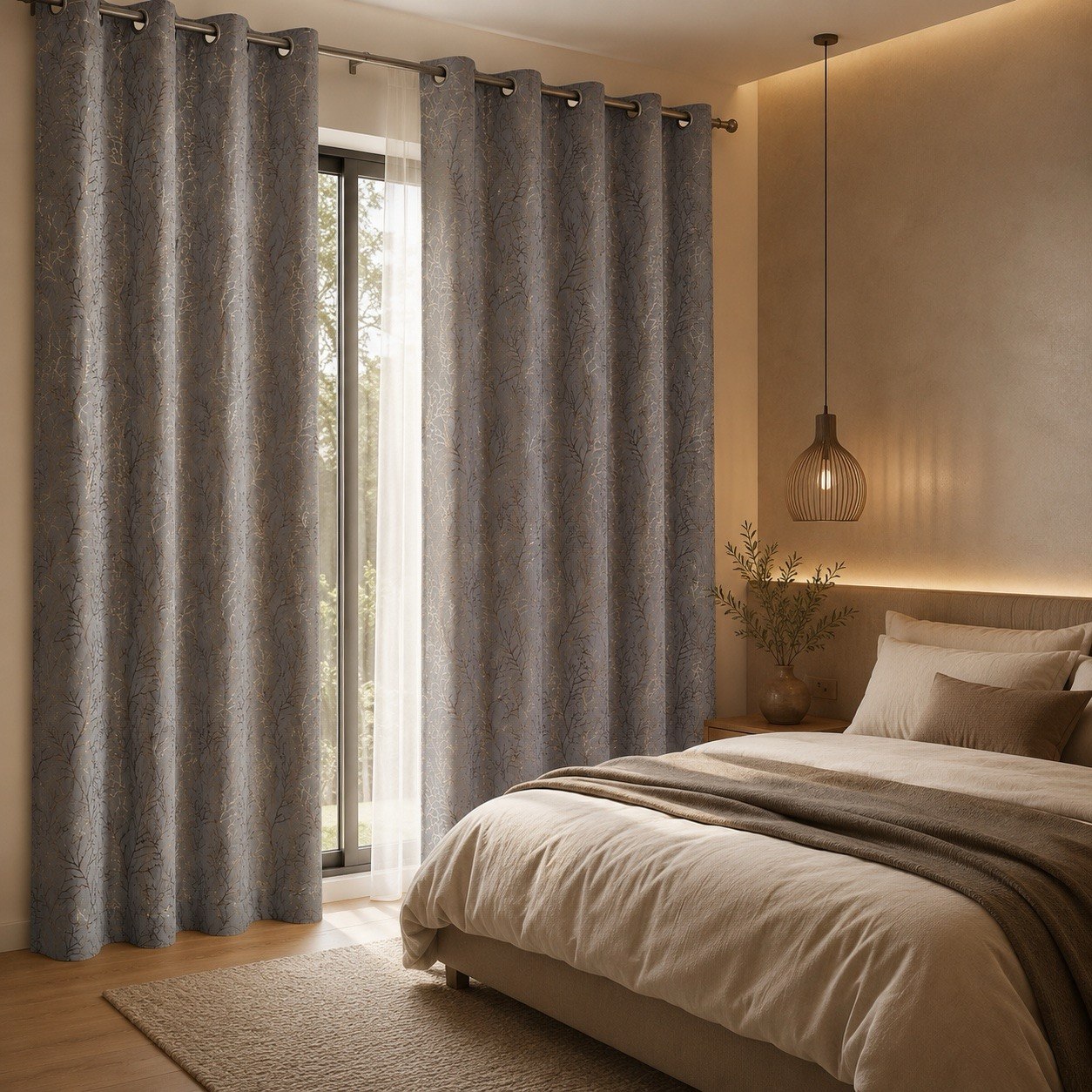 Luxe Metallic Branch Pattern Polyester Eyelet Curtains – Wine, Slate Grey & Pristine Ivory