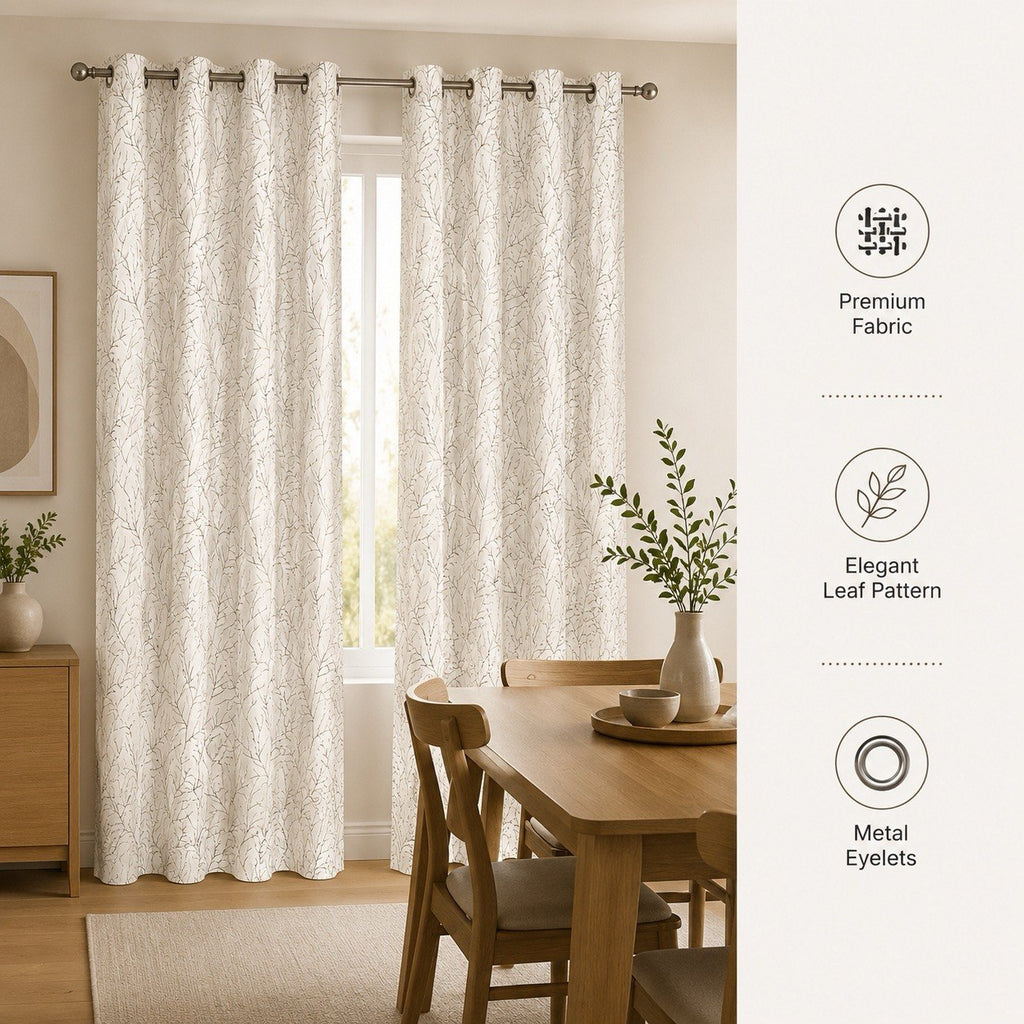 Luxe Metallic Branch Pattern Polyester Eyelet Curtains – Wine, Slate Grey & Pristine Ivory