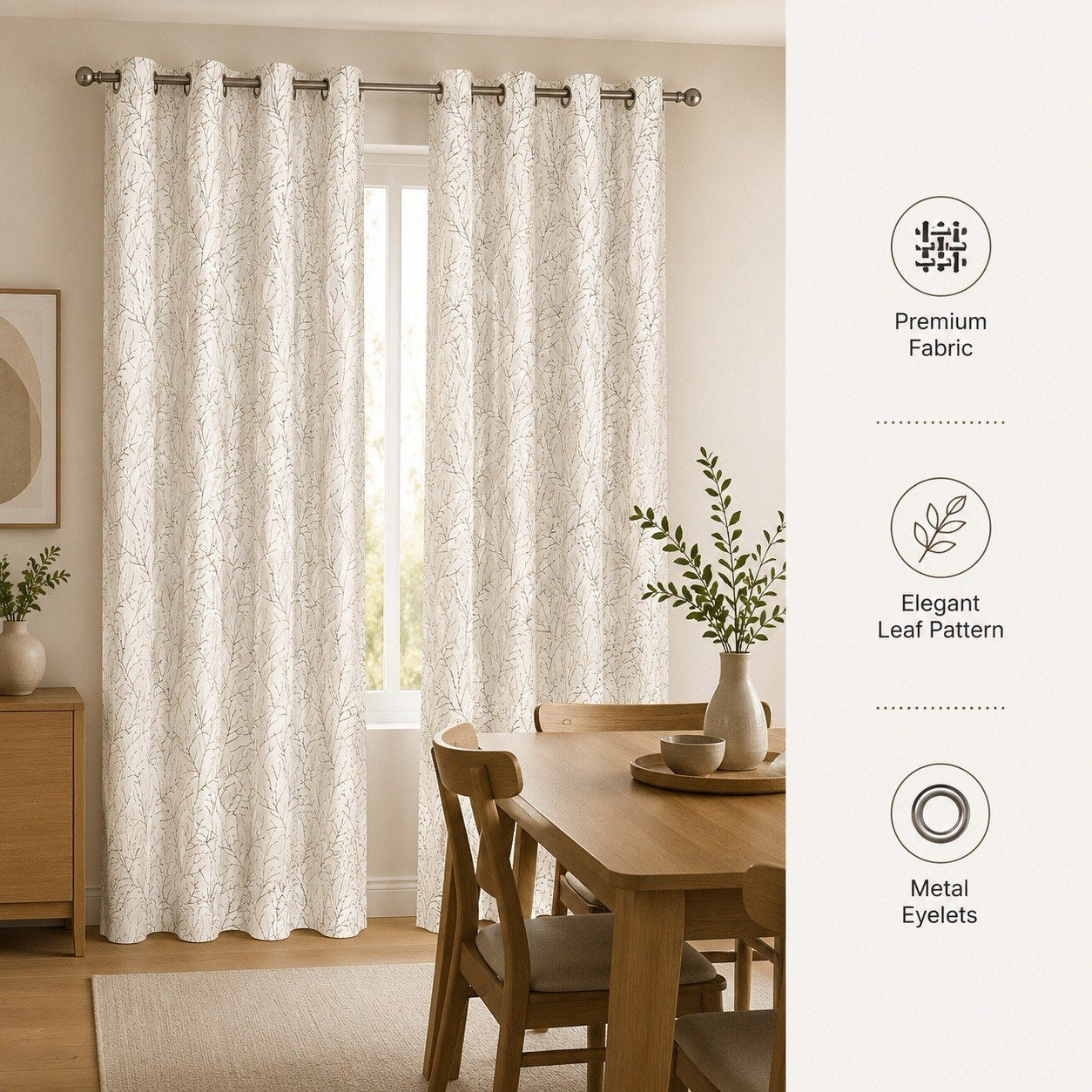 Luxe Metallic Branch Pattern Polyester Eyelet Curtains – Wine, Slate Grey & Pristine Ivory