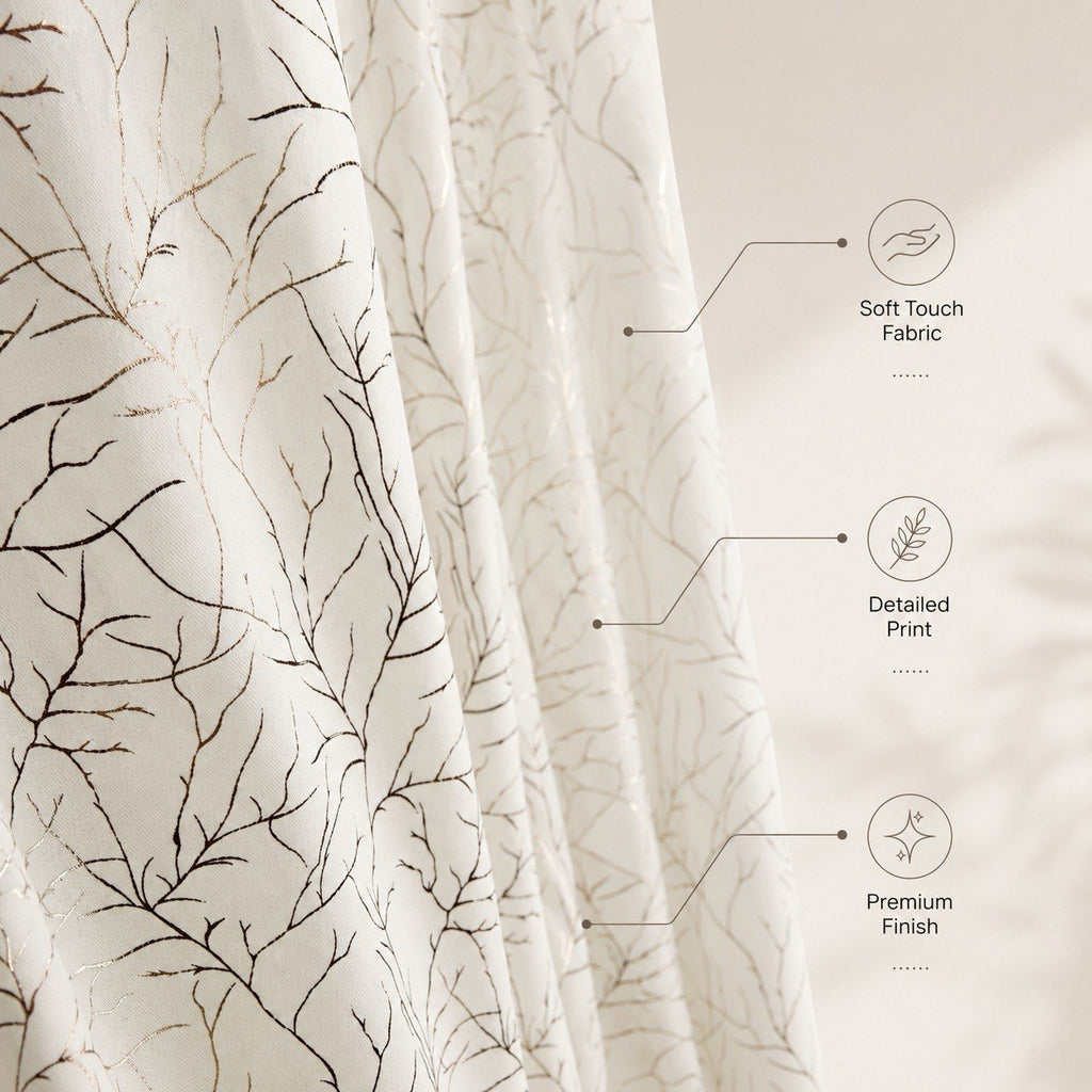 Luxe Metallic Branch Pattern Polyester Eyelet Curtains – Wine, Slate Grey & Pristine Ivory