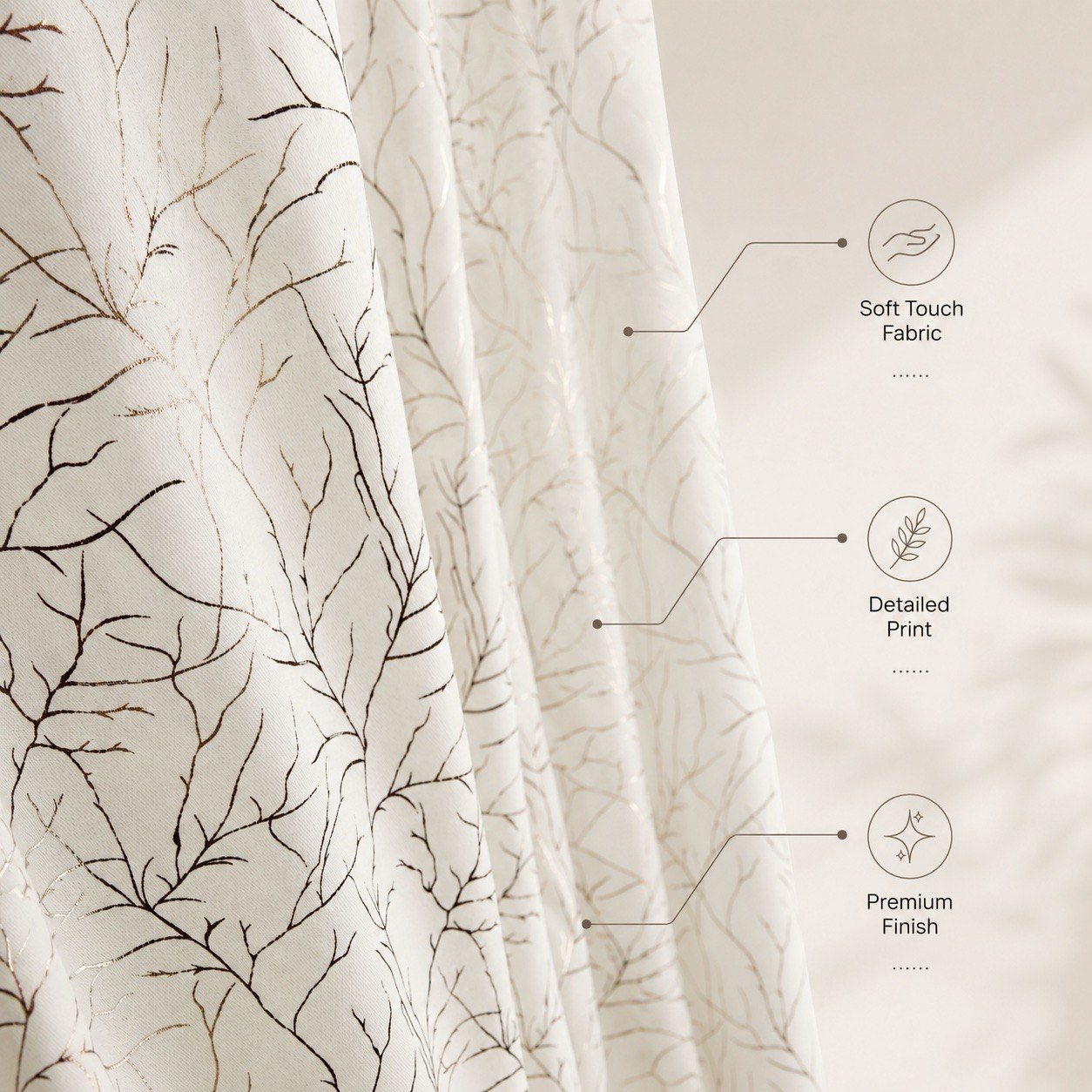 Luxe Metallic Branch Pattern Polyester Eyelet Curtains – Wine, Slate Grey & Pristine Ivory