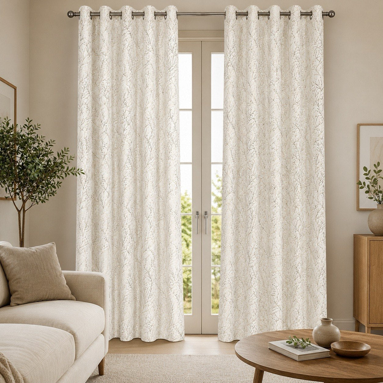 Luxe Metallic Branch Pattern Polyester Eyelet Curtains – Wine, Slate Grey & Pristine Ivory