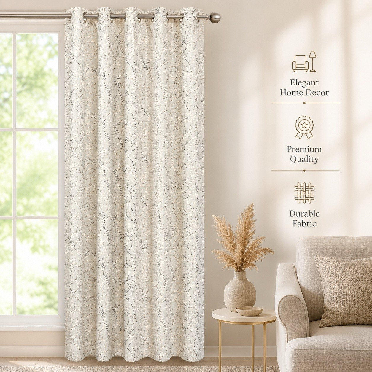 Luxe Metallic Branch Pattern Polyester Eyelet Curtains – Wine, Slate Grey & Pristine Ivory