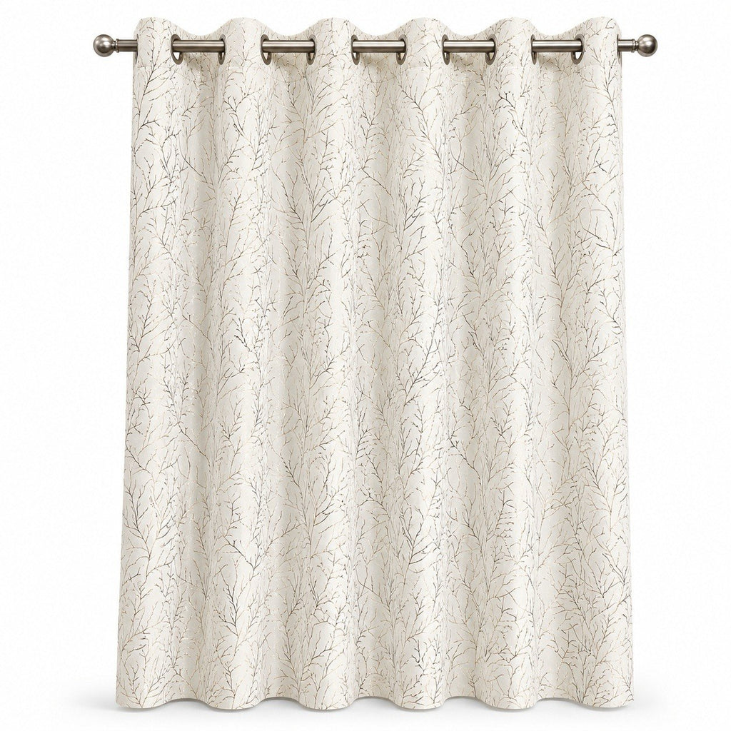 Luxe Metallic Branch Pattern Polyester Eyelet Curtains – Wine, Slate Grey & Pristine Ivory