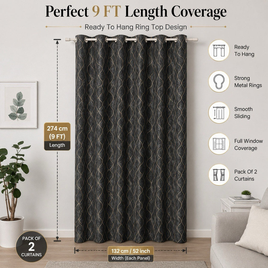 Premium Geometric Wave Semi-Transparent Light Filtering Eyelet Curtains – Pack of 2 (5ft, 7ft, 9ft & Custom Sizes)