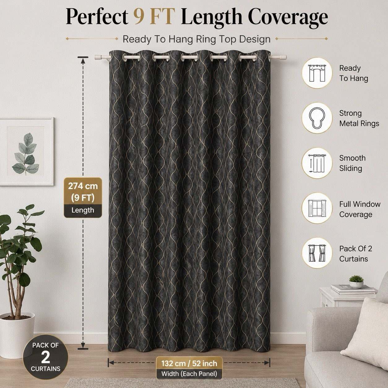 Premium Geometric Wave Semi-Transparent Light Filtering Eyelet Curtains – Pack of 2 (5ft, 7ft, 9ft & Custom Sizes)