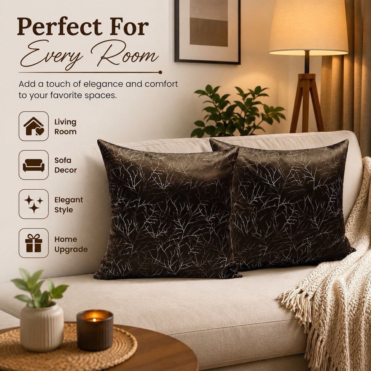 Nature-Inspired Branch Print Cushion Cover Set – Premium Soft Satin Finish Brown Decor (Set of 2)