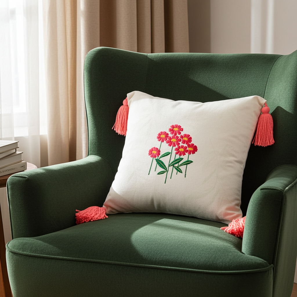 Embroidered Floral Cushion Covers with Tassels (16x16 Inches) | Pack of 3 Cream & Coral Decorative Pillow Cases